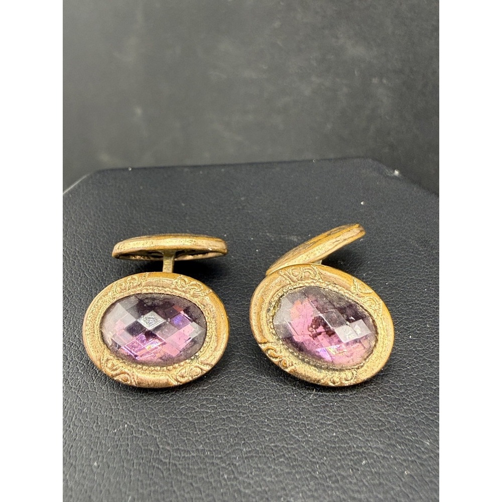 Vintage Estate Cufflinks Gold Purple Checkerboard Rhinestone Oval Antique
